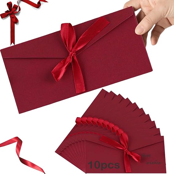 BENIFILE 10 Pack Red Envelopes Money Wallets for Cash Gifts Birthday with Ribbon, Kraft Paper Fancy Card Gift Voucher Envelopes for Presents, 22x10.9CM Invitation for Festival Party Greeting