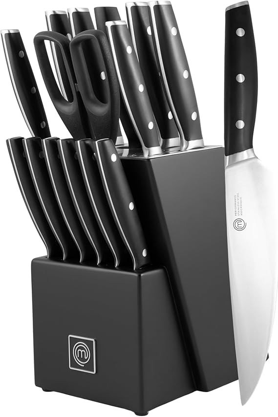 MasterChef Kitchen Knife Set with Block and Sharpener Plus Scissors, 15pc Chef Knife Set of Professional Grade Kitchen Knives with Sharpened High Carbon Stainless Steel Blades & Triple Riveted Handles