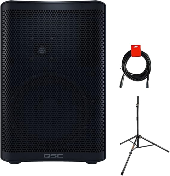 QSC CP8 Two-Way 8" 1000W Compact Powered Loudspeaker with DSP with Auray SS-47S Steel Speaker Stand and XLR-XLR Cable