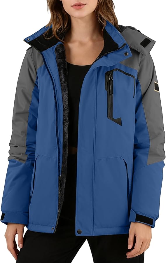 Women Winter Skiing Jackets Water Resistant Warm Fleece Jacket Hooded Insulated Thermal Snowboard Raincoats with Pockets