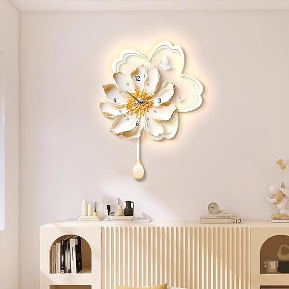 Stylish Wall Art with Light,Wall Clocks for Living Room Decor,Crystal porcelain painting core, high-density MDF backboard,Suitable for Bedroom, Living Room, Office, Store.(Beige,22.8*31.5in)