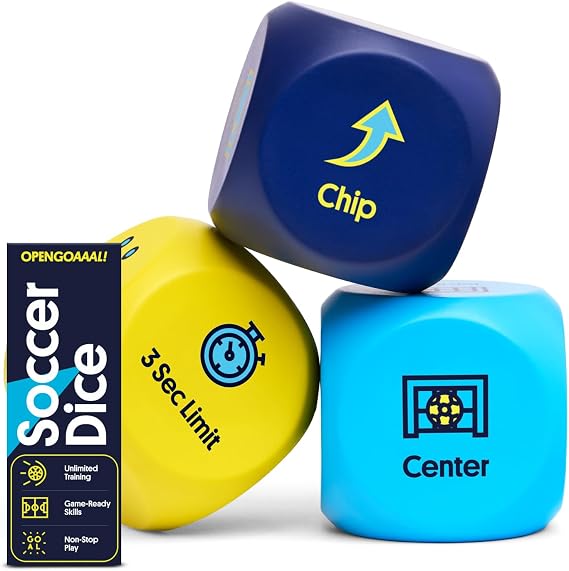 Open Goaaal Soccer Training Dice Game, 3 Dice and Guide