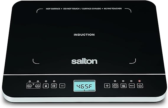 Salton Portable Induction Cooktop with Temperature Probe | 1500W | 10 Cooking Levels (60C to 240C) | Energy Efficient | Crystal Glass Top | Keep Warm Function | Timer with Auto Shut-Off