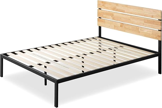 Zinus Paul Bed 160 x 200 cm - Bed Frame Height 36 cm - Metal and Wood Bed Frame Platform with Wooden Slatted Holder - Natural Brown and Black
