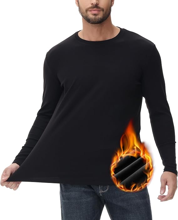 HUGE SPORTS Men's Thermal Underwear Double-Side Fleece Fiber Long Sleeve Base Layer Top,Cold Weather Warm Undershirt for Men