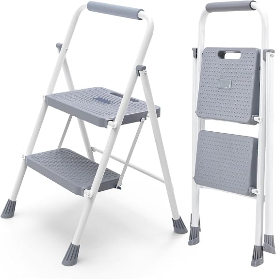 DUMOS Step Ladder, 2 Sturdy Step Stool with Anti-Slip Pedal & Comfortable Handrail, Portable Heavy Duty Stool for Kitchen, Garage & Outdoor Use, Dark Grey