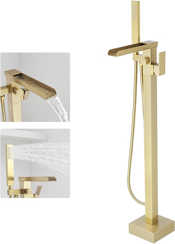 BWE Freestanding Bathtub Faucet Brushed Gold Waterfall Bathtub Faucet Floor Mount Tub Filler Single Handle Bathtub Shower Faucets with Hand Shower Swivel Spout Brass Mixer Tap