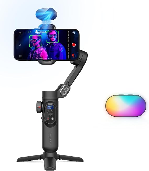 AOCHUAN 3-Axis Gimbal Stabilizer for Smartphone Smart AI X Pro Black & P03 RGB Magnetic Fill Light