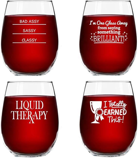 Funny Stemless Wine Glasses Set of 4 (15 oz)- Funny Novelty Wine Glassware Gift for Women- Party, Event, Hosting Fun- Wine Lover Wine Glass with Funny Sayings