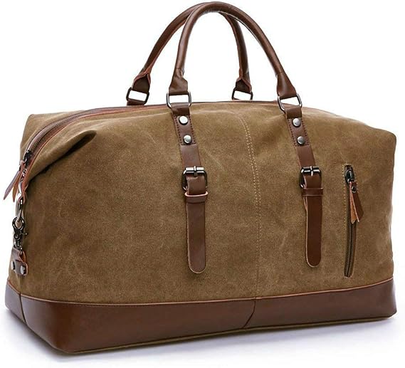 autumndeer Oversized Canvas Holdall Travel Carry On Duffel Bags Plus Handbag Shoulder Bag Crossbody Overnight Weekend Bag Unisex Travel Holdall Handbag with PU Leather Handle (Coffee)