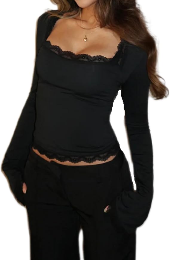 Women Bell Long Sleeve Shirt Tops Y2k Square Neck Lace Trim Crop Shirts Trendy Slim Fit Fall Going Out Blouse