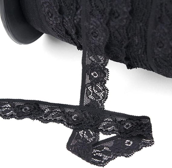 5 Yards of PORTIA 1" Wide Stretch Rose Lace, Jet Black, Made in Italy