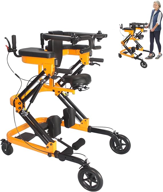 Four-Wheel Rolling Walker with Seat, Height-Adjustable, Quick-Fold Design, Width-Adjustable Wheels with Brakes, Adjustable Back Support, Walker for People with Mobility Difficulties. (Orange)