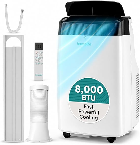 SereneLife Portable Air Conditioner, Dehumidifier & Fan | Dual Motor 3-in-1 8,000 BTU AC with 64F90F Temperature Range, Cools Up to 350 Sq Ft, 3 Fan Speeds, Remote Control & Window Kit, White