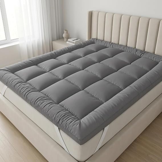 Mattress Topper Double Bed 10cm Extra Thick Super Soft Fluffy Bounce Back Heavy Fill 4 Inches Box Stitched Quilted Breathable Machine Washable Double Mattress Pad Strong Corner Elastic Straps