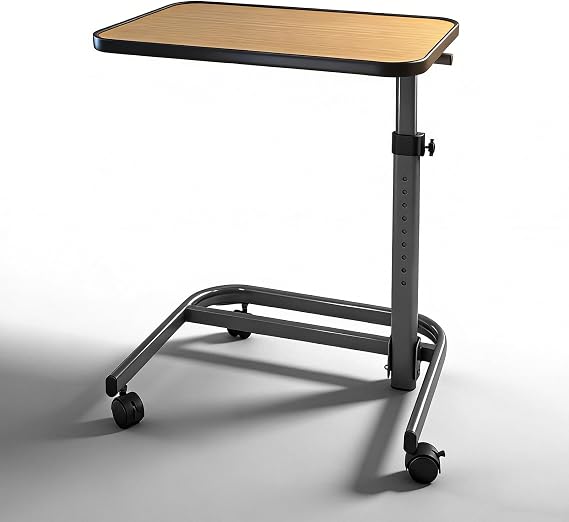 Overbed Table with Wheels C Shaped, Height Adjustable 9 Positions 74-96cm, Tilting Top Laptop Desk with Safety Edge and Lockable Casters, Rolling Bedside Sofa Side Table for Home Hospital Use