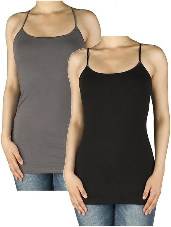 Fashiondio Women Basic Built in Inner Bra Extra Long Spaghetti Cami Adjustable (Small, Charcoal, Black)