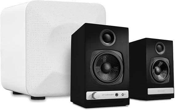 Audioengine A2 HD (HD3) Black 60 Watt Pc Speakers | for Desktop and S6 White Subwoofer for Music Gaming Movies Studios Dorms Bedrooms Offices