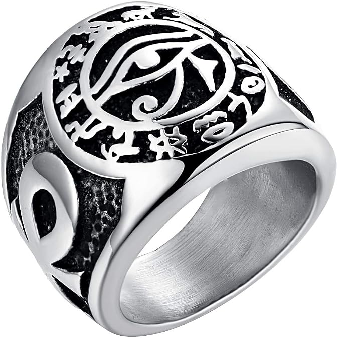 Men's Ring Horus Eye with Ankh Cross Stainless Steel Gold Egyptian Jewelry Gift Size 7-13