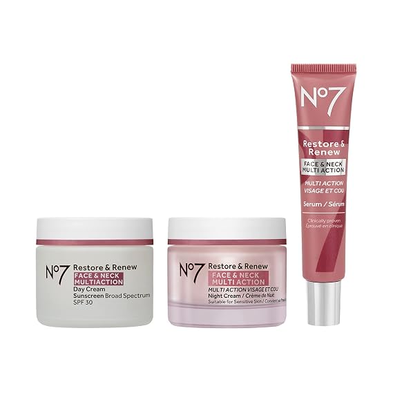 No7 Restore & Renew Face & Neck Sculpting Skincare System, 3-Piece Kit | Includes SPF 30 Day Cream, Anti-Aging Facial Serum & Hydrating Night Cream, Vitamin C, Hyaluronic Acid & Collagen Peptides