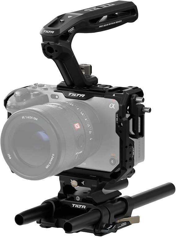 Tilta Camera Cage Basic Kit for FX3, FX3A, FX30 V2 | Includes Cage, Top Handle, Baseplate & More | Top Plate NATO Rail, Cold Shoe, 1/4"-20 and 3/8"-16 | Thumb Screw Design | Black | Full Camera Cage with Xeno NATO Top Handle and 15mm LWS Baseplate for Sony FX3, FX30 and gimbal rigs