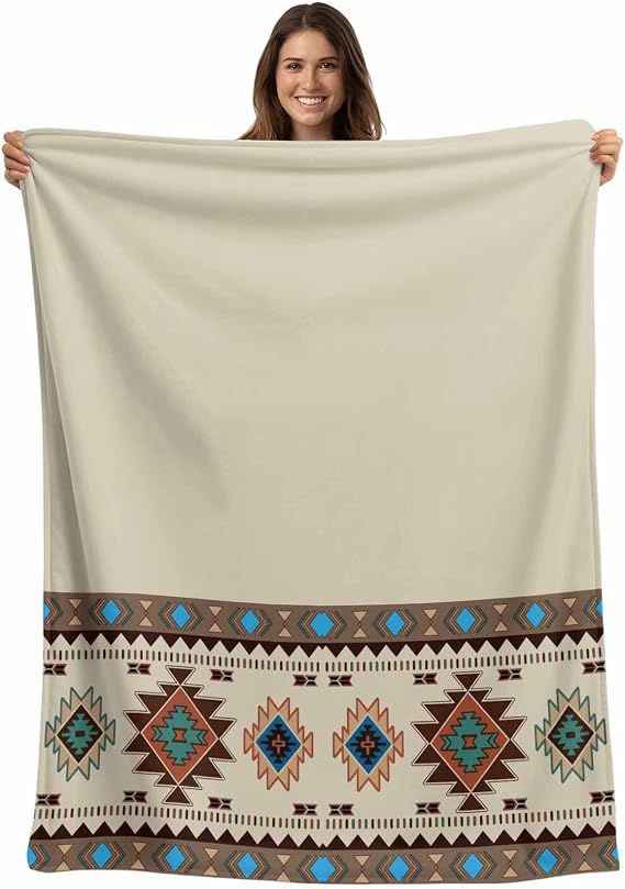 Boho Southwest Flannel Fleece Throw Blanket for Couch Chair Sofa Bed, Lightweight Soft Blanket for Women Men, Farmhouse Aztec Tribe Brown Blue Plaid Warm Cozy Blankets for All Season 60" x 80"