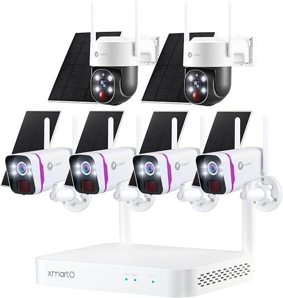 XMARTO 100% Wire-Free Solar Home Security Camera System Wireless, 4-Set 2K 4MP QHD CCTV Camera Kit with 4K 10CH Expandable WiFi NVR + 2PCS Wire-Free PTZ Solar Security Camera