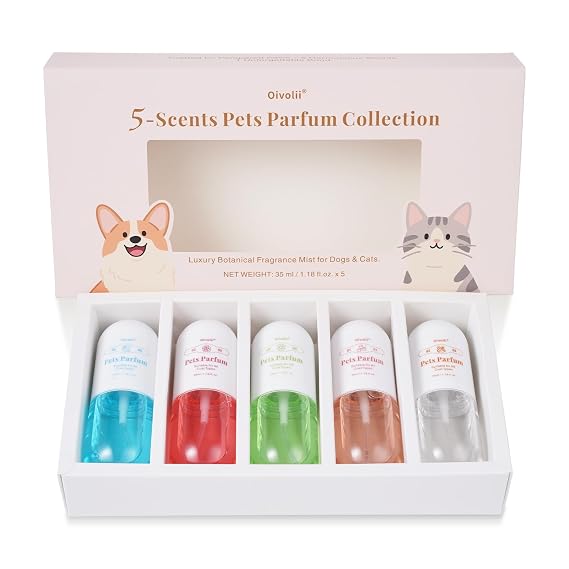Dog Cologne & Pet Perfume Gift Set 5 Long Lasting Scents for Dogs & Cats Natural, Alcohol-Free Pet Fragrance Safe Deodorizing Grooming Mist for Puppies & Kittens