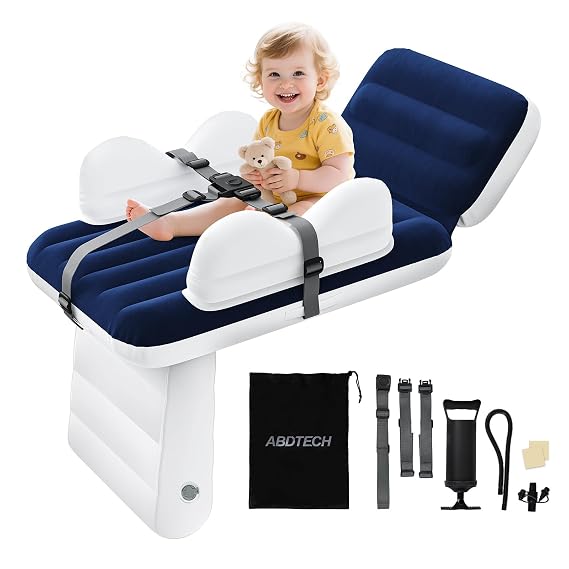 Toddler Airplane Bed Inflatable Airplane Bed for Toddler, 2.5mm Thickness Baby Airplane Bed with Safety Belt, Carry Bag, Fast Pump, Cup Holder - Comfortable and Durable Seat Extender