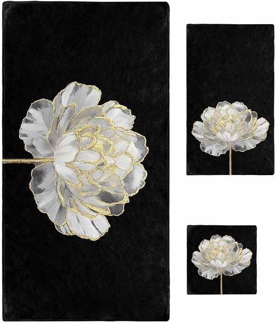 Abstract White Floral Towel Sets for Bathroom,Microfiber Bath Kitchen Beach Hair Hand Yoga Dish Towels and Washcloths,Spring Botanical Flower Gold Line Black Quick Dry Towels+Set Accessories Decor