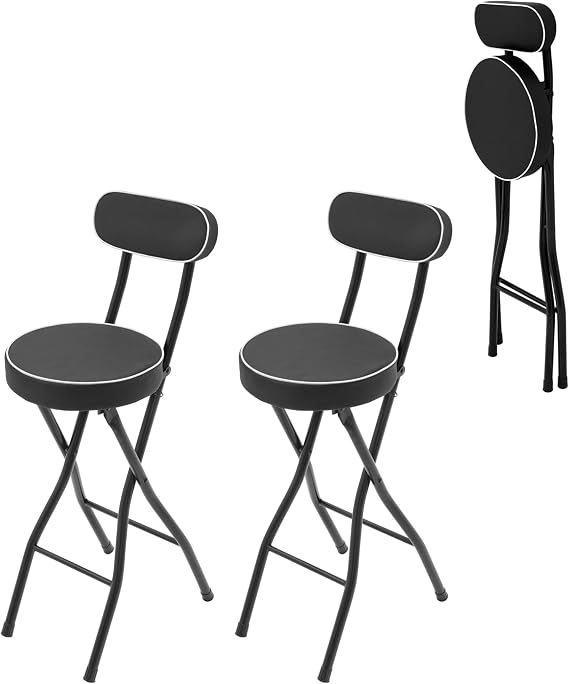 2 PCS Folding Bar Stool with Backrest, 25.6" Tall Foldable Stool, Black