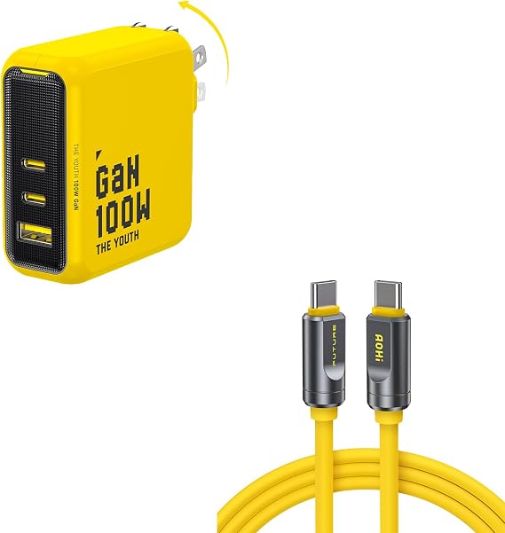 AOHI Youth 100W Gan+ USB C Wall Charger, 3-Port Laptop Fast Charger Type C Power Adapter+ USB 4 2.0 Cable 6.6FT with up to 120Gbps Bandwidth Boost Dual 8K/4K Display 240W PD 3.1 Fast Charging