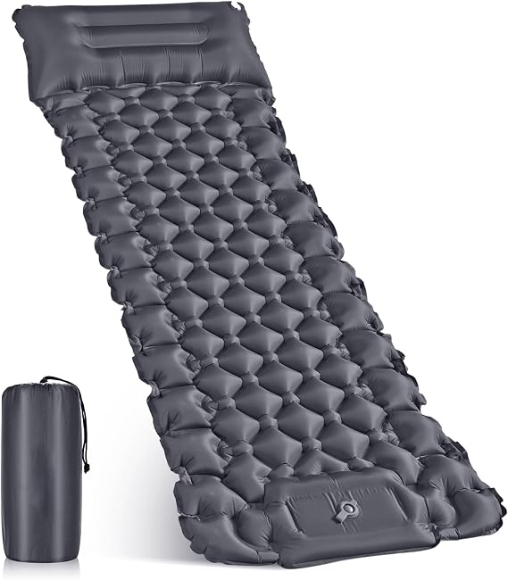 Inflatable Camping Mat, Foot Pump, Pillow, Connectable, Grey