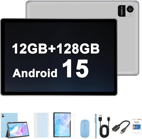 Crelander 10.1 Inch Android 15 Tablet, 12GB+128GB Android Tablet, 5000mAh Battery, 1280x800 Touchscreen, 5G WiFi/Bluetooth, Bundle with Case, Keyboard, Mouse & Stylus (Blue)