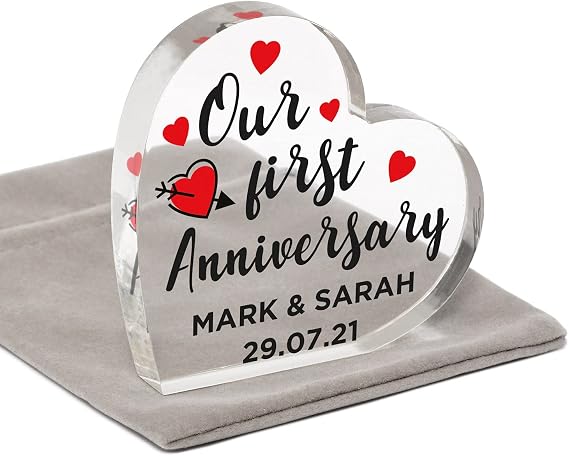 Our First Anniversary Gift Boyfriend Girlfriend Couple, Personalised 1st Wedding Anniversary Gifts Husband Wife, One Year Together, 1 Year Couple, Acrylic Heart Block With Grey Bag