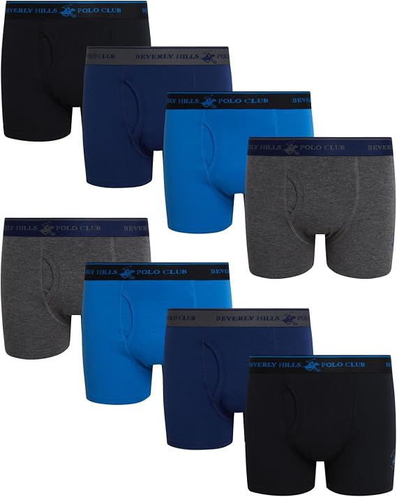 Beverly Hills Polo Club Boys Boxer Briefs 8-Pack Cotton Underwear (4-14) | Breathable Stretch Waistband with a Contoured Pouch and Functional Fly, Tagless Comfort for Active School Days