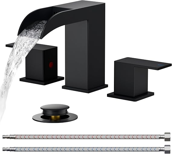 FORIOUS Bathroom Faucet 3 Hole 8 Inch Widespread Vanity Sink Matte Black | Square Waterfall Bathroom Sink Faucet Two Handles with Pop-up Drain, Lead-Free, for RV Vanity Lavatory and Restroom Basin