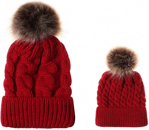 2PCS Mother&Baby Hat Parent-Child Hat Family Matching Cap Winter Warmer Knit Wool Beanie Ski Cap