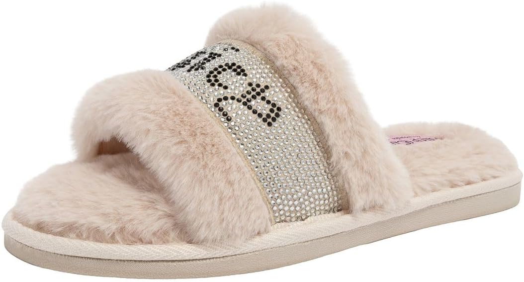 Juicy Couture Women's Fuzzy Faux Fur Plush Open Toe Cozy Indoor Outdoor Logo Slide Slippers House Shoes