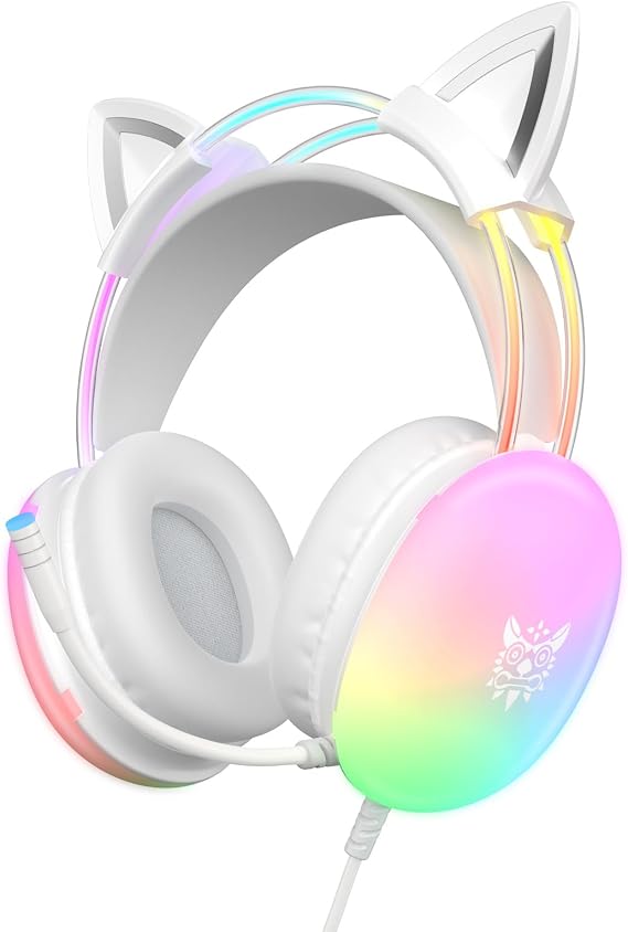 Cat Ear Gaming Headset with Microphone, RGB Rainbow Lighting, Surround Sound, 3.5mm Wired Over-Ear Headphones for PC/PS4/PS5/Switch/Laptop, Lightweight and Adjustable Headband