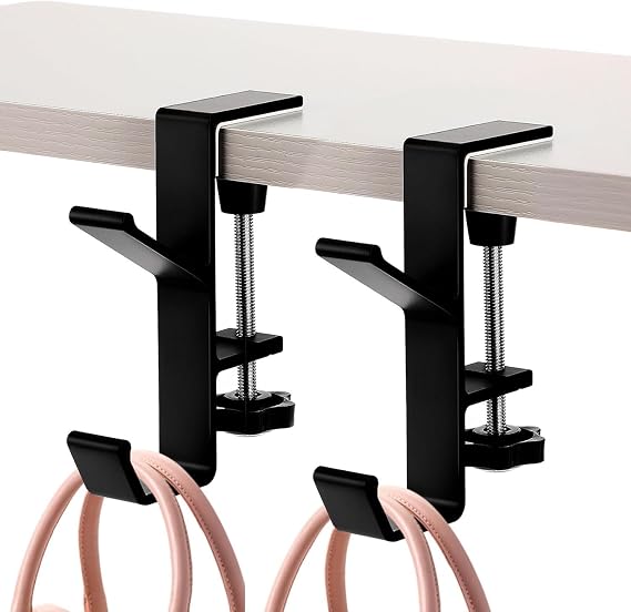 2Pcs Clamp-On Under Desk Headphone Holder Backpack Hook Students' Desk Hook with Adjustable Arm Clamp Women's Bag Handbag and Purse Holder - Suitable for Plate Between 1-5cm / 0.4-1.96 - Black