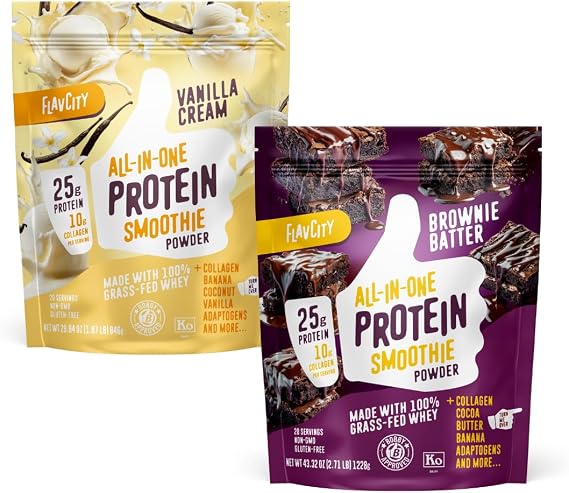 FlavCity Brownie & Vanilla Smoothie Bundle - 25g Grass Fed Whey Protein Powder & 10g Collagen - Real Vanilla Bean & Cocoa, Gluten Free (20 Servings Each)