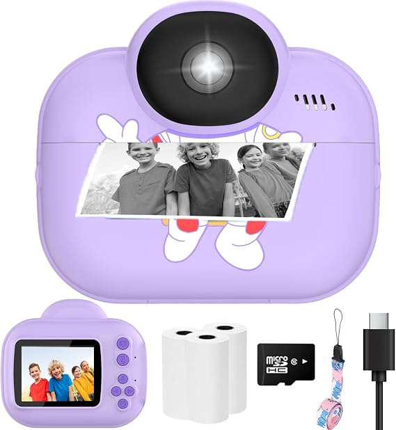 Kids Camera Toys, Instant Print Camera for Kids, Toddler Cameras for Girls Boys,1080P HD Digital Cameras, Portable Travel Toys for Girls 4 5 6 7 8 9 10 Year Old with SD Card (Purple)