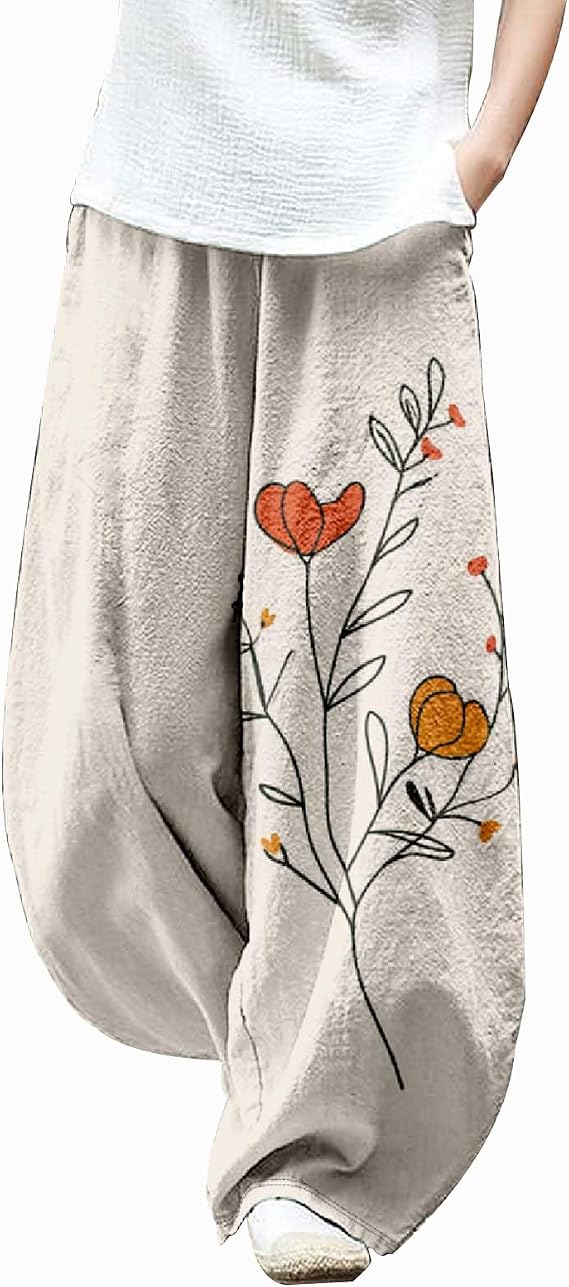 Women's Harem Pants Fall Casual Boho Floral Vintage Wide Leg Loose Oversized Flowy Comfy Lantern Trouser