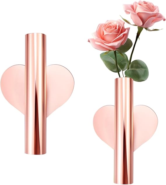 Self-Adhesive Wall Vase for Dried Flowers, Rose Gold Heart, 2Pcs