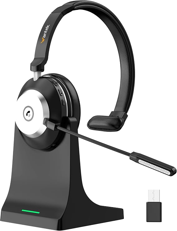 Wantek Wireless Headset with Mic, Bluetooth Headset with Microphone, On-Ear Wireless Headphones with Mic Noise Canceling, Mute Button, Charging Dock for PC, Laptop, Work, Zoom, Teams & Call Center