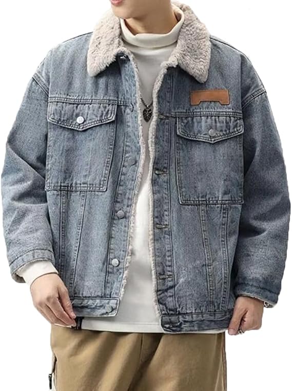 Denim Jacket Men Fall Winter Warm Button Down Vintage Oversized Fleece Lined Jean Jackets