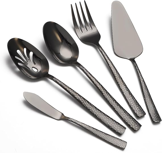 Large Hostess Serving Utensils Set, Stainless Steel Heavy Duty Hammered Serving spoons, Slotted Spoons, Serving Fork, Cake Server, Butter Knife, Dishwasher Safe(Black)