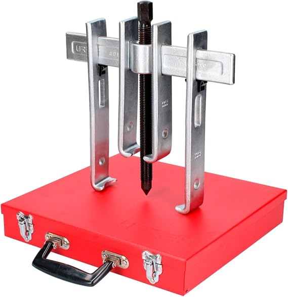 URREA 10-Ton Straight Jaw Puller Set - 8-piece Mechanical Gear Puller with Interchangable Jaws & Metal Box - 4232SJB