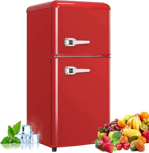 Mini Fridge with Freezer, 3.2 Cu.Ft Retro Double Door Refrigerator with 7 Level Thermostat, Adjustable Removable Glass Shelves for Bedroom Office Apartment Dorm Bar (RED, 3.2 Cu.Ft.)